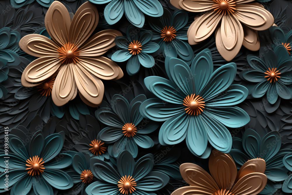A seamless pattern of teal and beige 3D flowers with gold centers on a black background. A seamless pattern of teal and beige 3D flowers with gold centers on a black background.