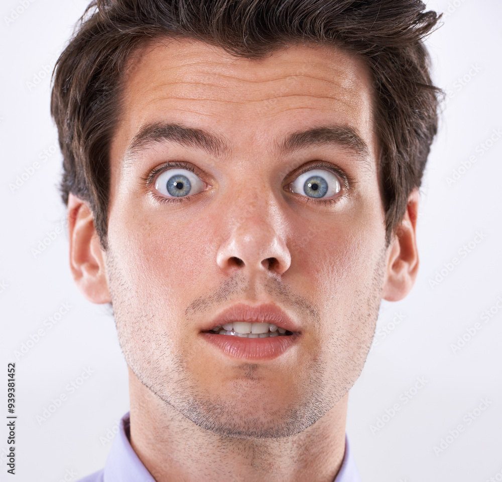 Surprise, panic or businessman in portrait with wow, omg or wtf facial expression on white background. Reaction, banker or corporate employee in studio with gossip rumor, secret drama or shocked face Surprise, panic or businessman in portrait with wow, omg or wtf facial expression on white background. Reaction, banker or corporate employee in studio with gossip rumor, secret drama or shocked face