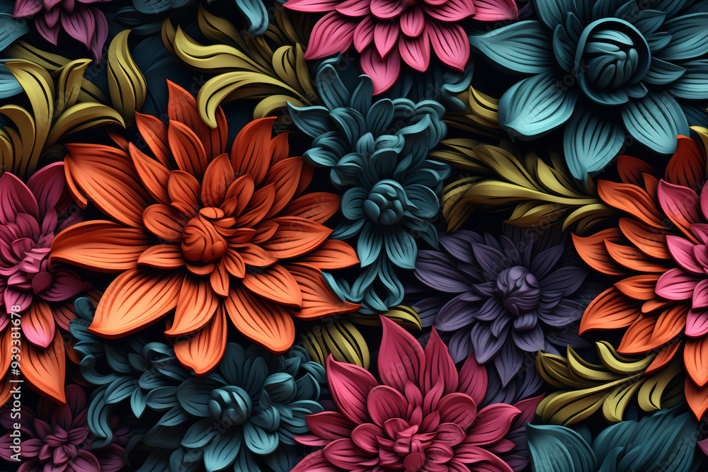 A seamless pattern of vibrant 3D flowers in various shades of red, pink, purple, blue, and orange against a dark background. A seamless pattern of vibrant 3D flowers in various shades of red, pink, purple, blue, and orange against a dark background.