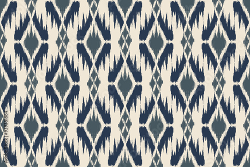 Traditional Ikat Pattern in Blue and White with Geometric Abstract Design, Perfect for Textile Prints and Home Décor.