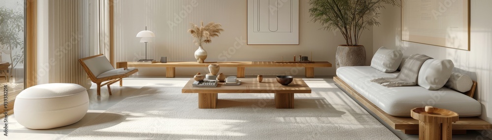 Serene Muji-Inspired Minimal Living Room with White and Light Wood Elements in Open-Plan Layout Serene Muji-Inspired Minimal Living Room with White and Light Wood Elements in Open-Plan Layout