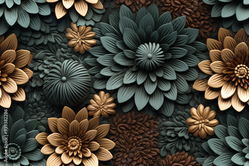 Abstract 3D floral design with teal and gold flowers, seamless pattern,  background.
