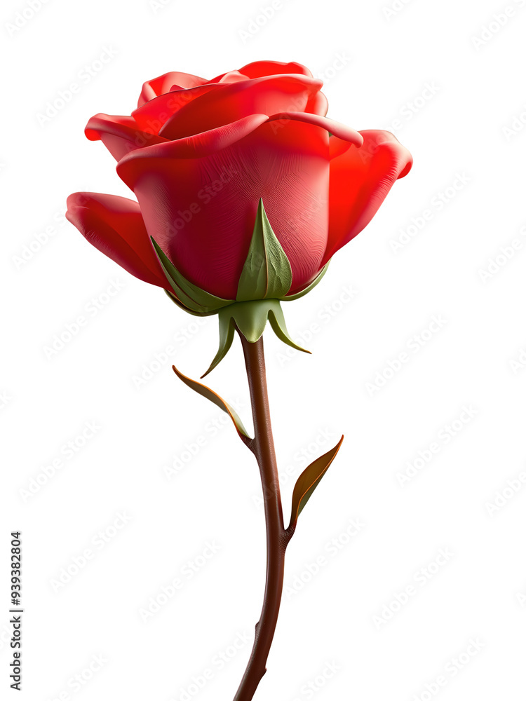 Fototapeta premium Single Red Rose with Long Stem on Transparent Background