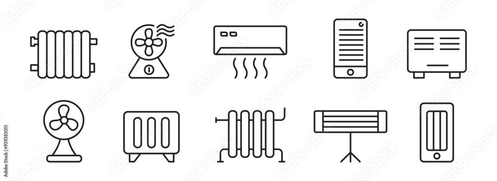 Electric heater icons set. Home heating, radiator, conditioner, ventilator. Vector Electric heater icons set. Home heating, radiator, conditioner, ventilator. Vector