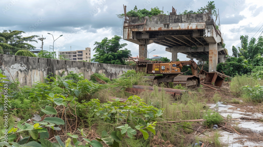 An unfinished public construction project, such as a bridge or road, abandoned due to embezzlement. Rusting machinery and overgrown weeds surround the site An unfinished public construction project, such as a bridge or road, abandoned due to embezzlement. Rusting machinery and overgrown weeds surround the site