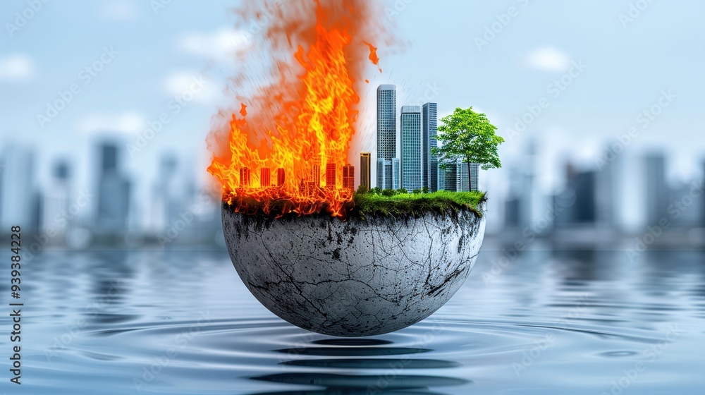 Conceptual image showing a city on a globe half in flames and half ...
