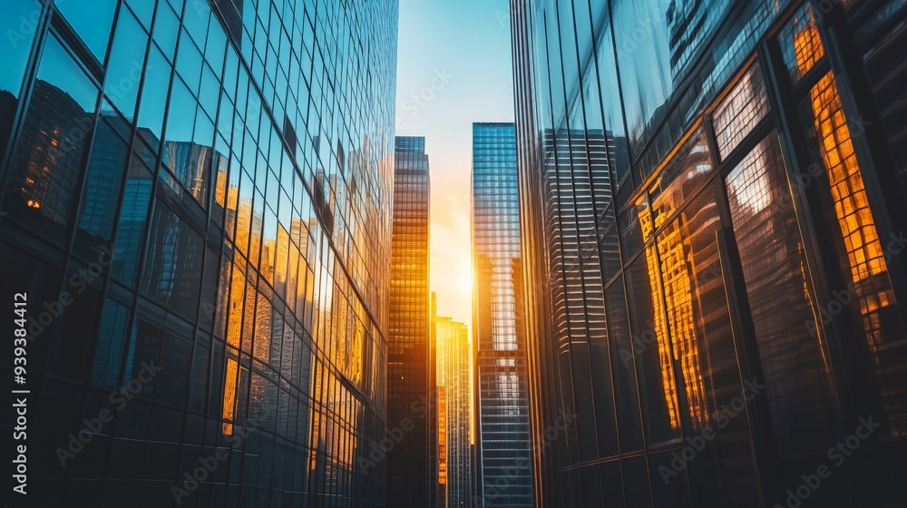 Stunning urban sunset view with sun rays reflecting off glass skyscrapers, showcasing modern architecture and serene cityscape at twilight.