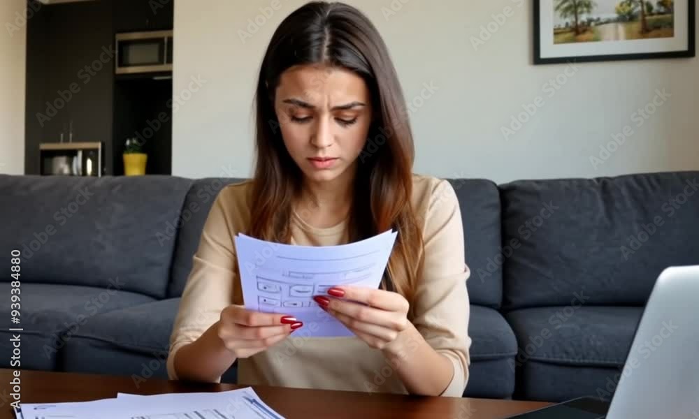 Overwhelmed Young Woman Managing Finances at Home Overwhelmed Young Woman Managing Finances at Home