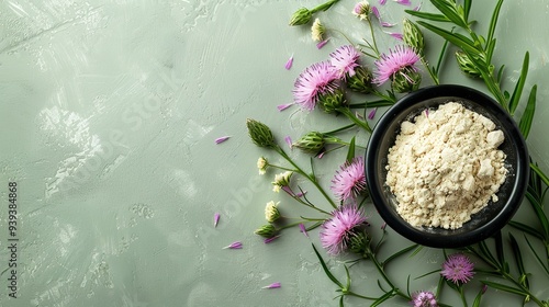 A close-up of a black bowl containing milk thistle powder and milk thist on a gentle green background  and a big space on it for textual or background use, Generative AI. photo