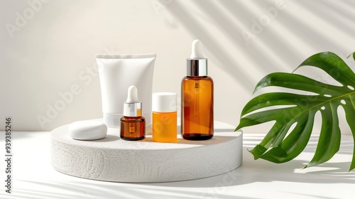 Skincare products including bottles and tube on white podium with green leaf, minimalist beauty concept, natural cosmetic packaging.