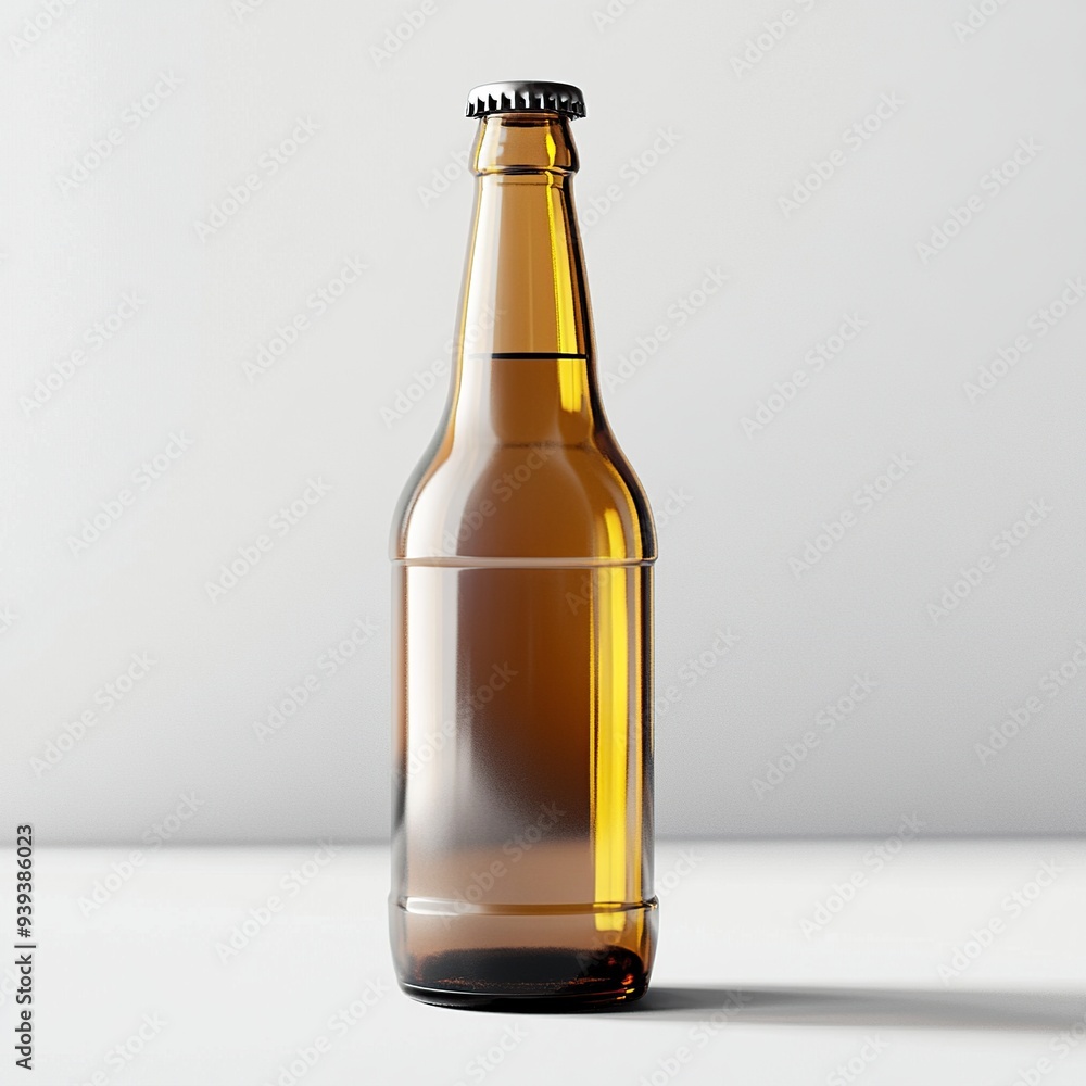 A single brown glass beer bottle with a silver cap on a white background. A single brown glass beer bottle with a silver cap on a white background.