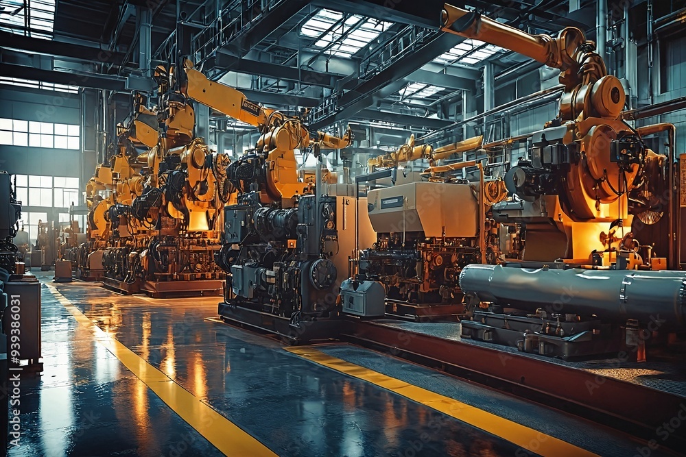 ndustrial Factory Interior with Robotic Assembly Equipment ndustrial Factory Interior with Robotic Assembly Equipment