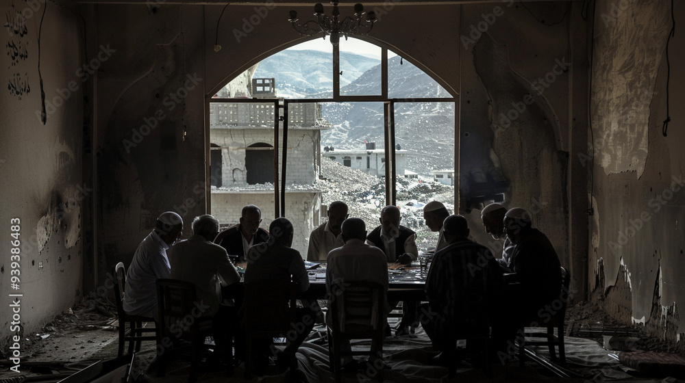 A small, tense gathering of religious leaders from conflicting faiths, sitting around a table in a ruined building. A small, tense gathering of religious leaders from conflicting faiths, sitting around a table in a ruined building.