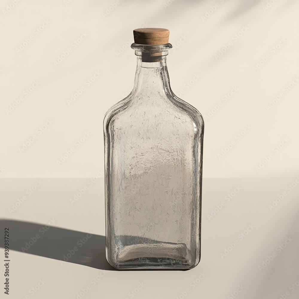 A glass bottle with a cork stopper on a white surface. A glass bottle with a cork stopper on a white surface.