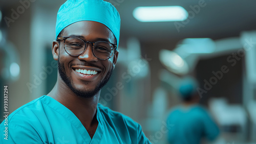 African Black Man Surgeon - doctor, healthcare, scrubs, medical professional, surgeon, hospital, surgery, smiling doctor, medical staff, glasses, medical attire, beard, cap