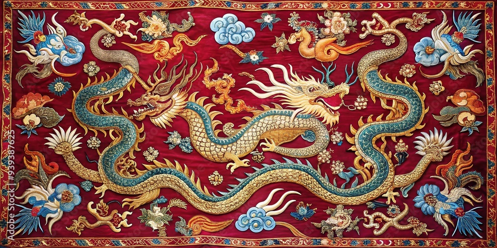 A blazing crimson backdrop features dragon motifs, evoking the fierce passion and mystique of Chinese folklore, where myth and legend come alive.