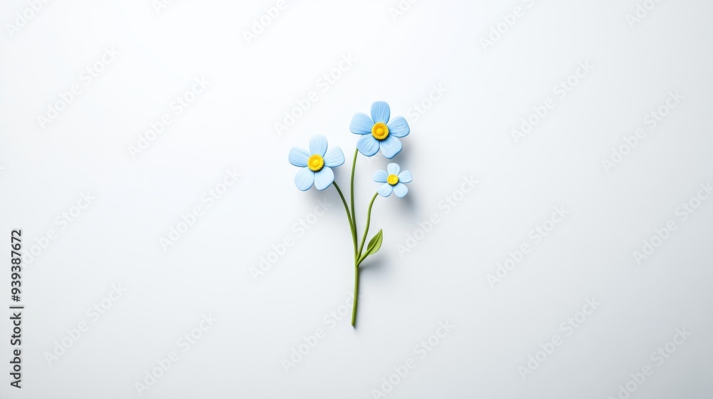 A 3D single icon of a delicate forget-me-not flower with blue petals and a yellow center symbolizing remembrance. The icon is designed in a simple minimalistic style against a white background A 3D single icon of a delicate forget-me-not flower with blue petals and a yellow center symbolizing remembrance. The icon is designed in a simple minimalistic style against a white background