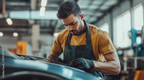A skilled male worker focuses on repairing a vehicle in a well-lit car repair shop, showcasing his expertise and attention to detail