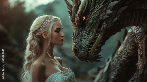A princess stands face-to-face with a dragon, their eyes locked in a mystical connection amidst a dark forest, as twilight casts enchanting shadows