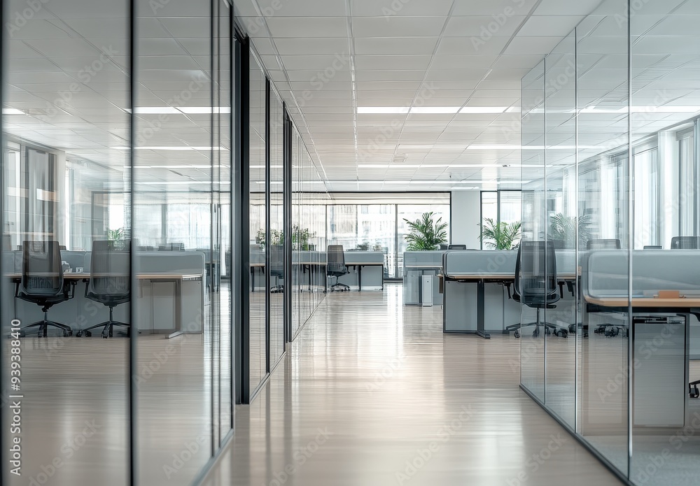 Modern Office Corridor with Glass Partitions Modern Office Corridor with Glass Partitions