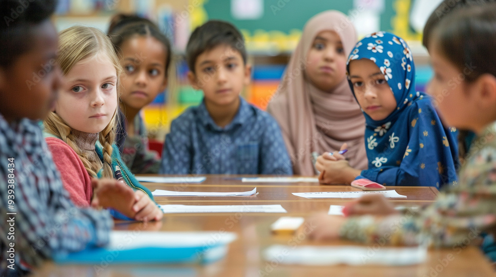 A school classroom where children are divided by their religious beliefs. A school classroom where children are divided by their religious beliefs.