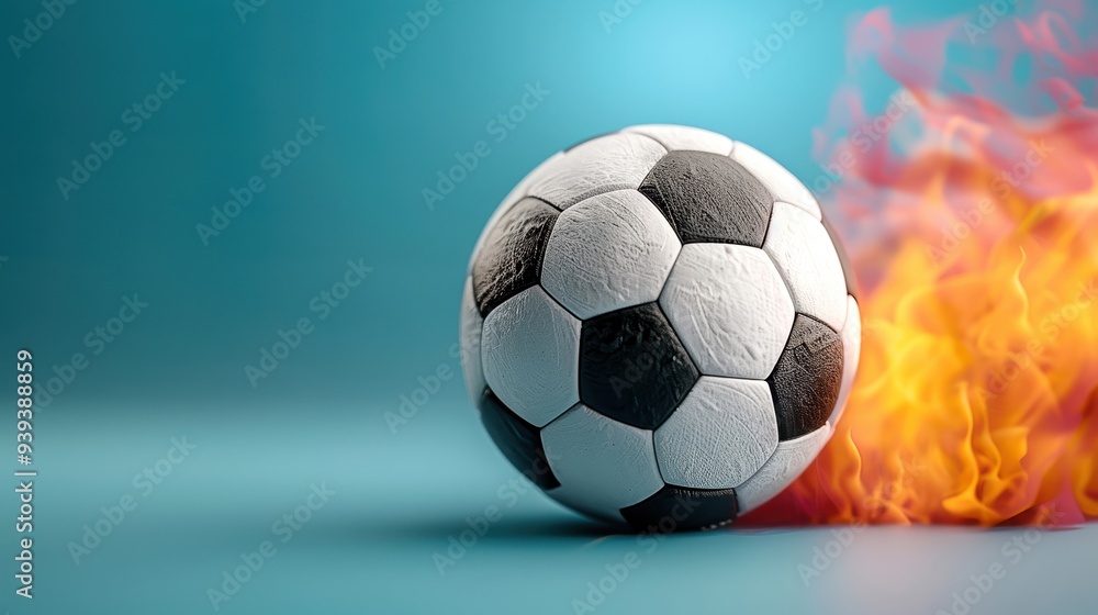 Dynamic image of a soccer ball with fiery flames against a blue background, symbolizing action and energy in sports. Dynamic image of a soccer ball with fiery flames against a blue background, symbolizing action and energy in sports.