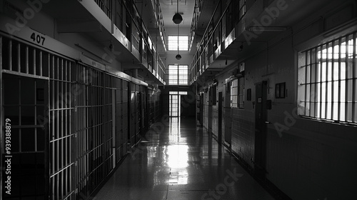 A prison where inmates are segregated by their religious beliefs, with one group visibly mistreated compared to the others. 