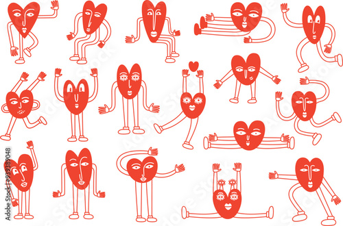 Funny retro bright groovy hearts, line illustration of playful love hearts for valentine's day