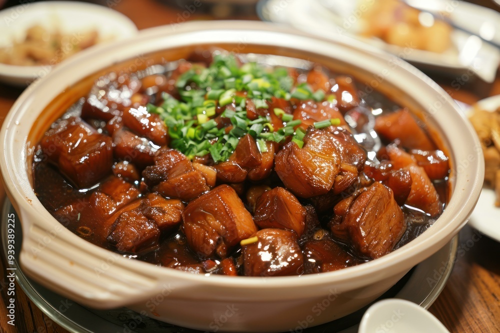 Delicious braised pork belly with spring onions being served in a clay pot, in a chinese restaurant Delicious braised pork belly with spring onions being served in a clay pot, in a chinese restaurant