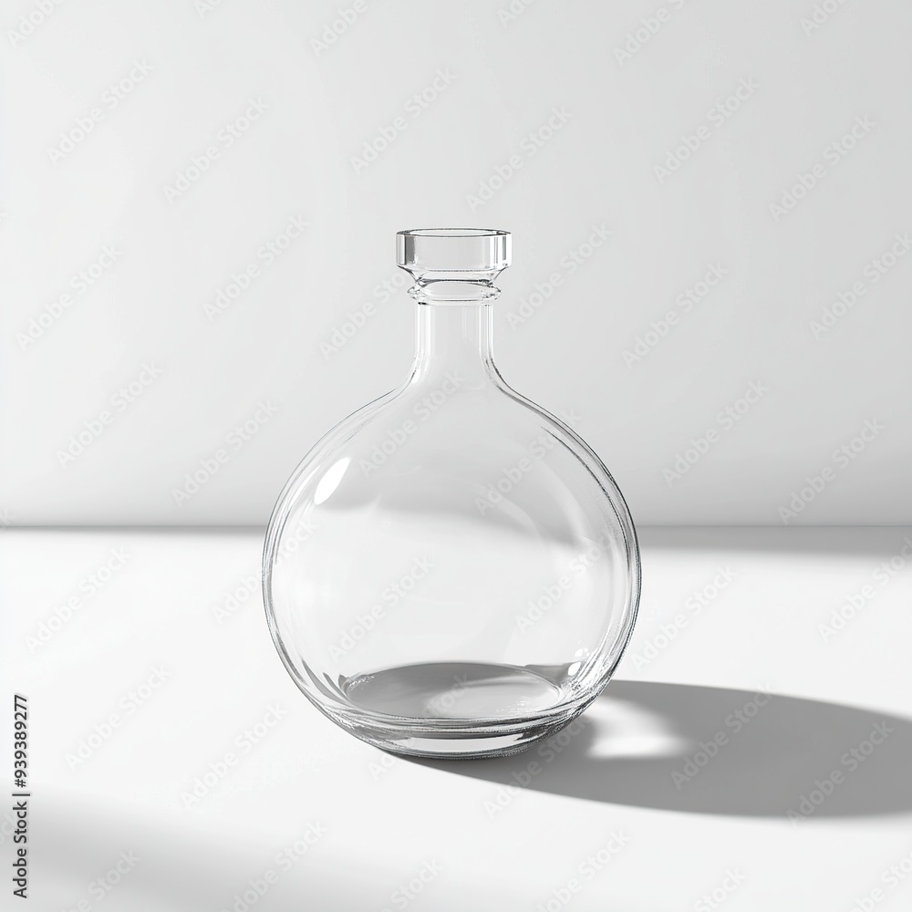 A clear glass decanter with a rounded body and a wide mouth sits on a white surface, casting a shadow. A clear glass decanter with a rounded body and a wide mouth sits on a white surface, casting a shadow.