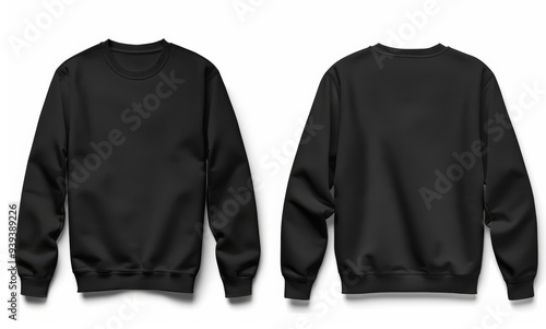 A high-quality mockup featuring a plain black sweatshirt, front and back view, on a blank white background, perfect for showcasing custom designs, branding, or promotional content