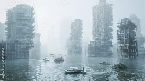 A futuristic coastal city partially submerged in water. Skyscrapers and modern buildings have their lower floors flooded, and people are using boats to navigate through what used to be busy streets. photo