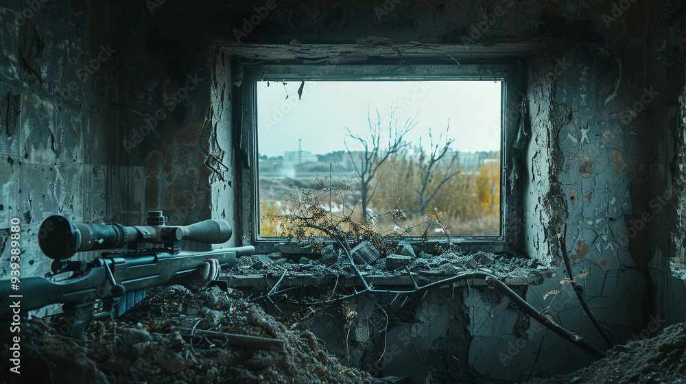 he interior of a war-damaged building where a sniper has set up a position. The sniper, camouflaged, is peering through the scope of a rifle, aiming at an unseen target. he interior of a war-damaged building where a sniper has set up a position. The sniper, camouflaged, is peering through the scope of a rifle, aiming at an unseen target.