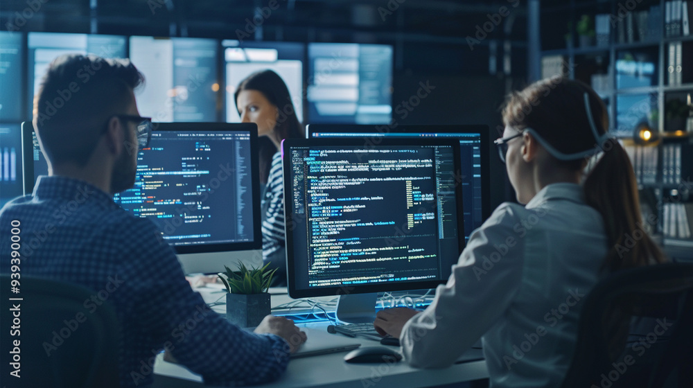 A modern office environment where software engineers are working on code development. The focus is on a diverse group of engineers collaborating on a project. A modern office environment where software engineers are working on code development. The focus is on a diverse group of engineers collaborating on a project.