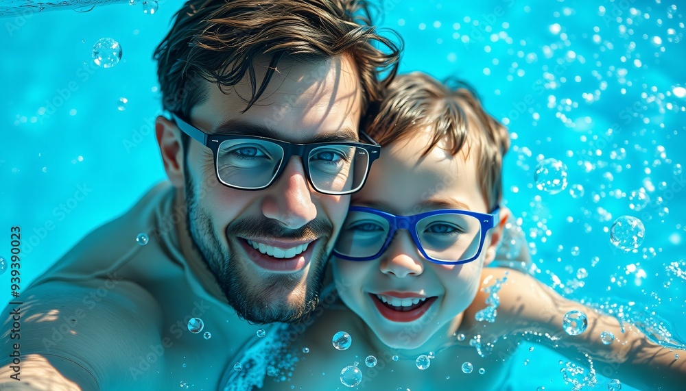 Naklejka premium A father and son taking a selfie in the pool