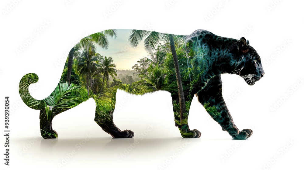 Double exposure image of a black panther silhouette with a lush jungle landscape inside, representing nature and wildlife conservation. Double exposure image of a black panther silhouette with a lush jungle landscape inside, representing nature and wildlife conservation.