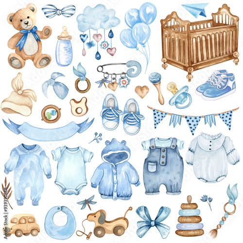 It's a boy clipart. Watercolor Illustration set of nursery for baby boy