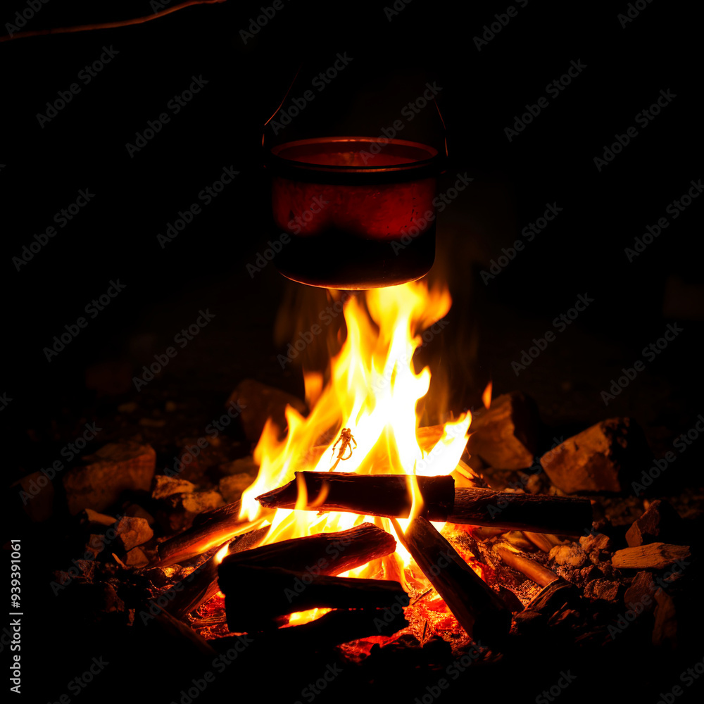Camping Pot Hanging Over a Fire at Night in the Wilderness Camping Pot Hanging Over a Fire at Night in the Wilderness