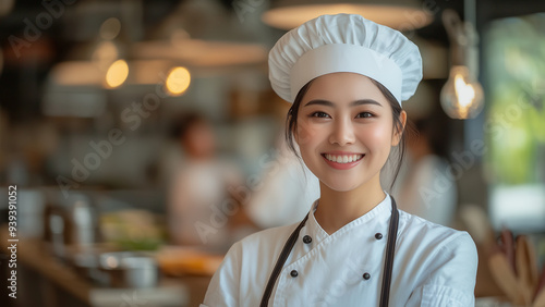 Asian Woman Chef - chef, cook, kitchen, restaurant, uniform, hat, smile, apron, culinary, professional, cooking, food, female, staff, job, workplace, dining photo