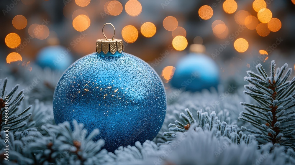 enchanting winter scene with frosted blue ornaments nestled in pine branches soft bokeh lights creating magical christmas ambiance enchanting winter scene with frosted blue ornaments nestled in pine branches soft bokeh lights creating magical christmas ambiance