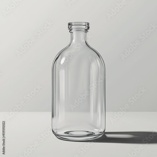 A clear glass bottle with a wide mouth and a rounded bottom, standing on a white surface.