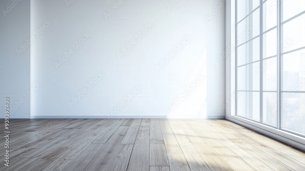 Spacious modern room with wooden flooring, large windows, and a plain white wall, perfect for interior design or real estate concepts. Spacious modern room with wooden flooring, large windows, and a plain white wall, perfect for interior design or real estate concepts.