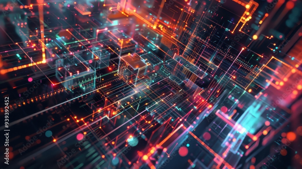 Abstract digital data visualization, technology background concept with colorful geometric lines, dots, glowing connections. Abstract digital data visualization, technology background concept with colorful geometric lines, dots, glowing connections.