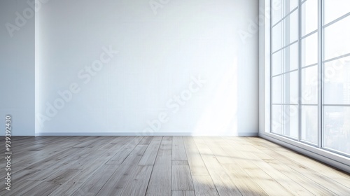 Spacious modern room with wooden flooring  large windows  and a plain white wall  perfect for interior design or real estate concepts.