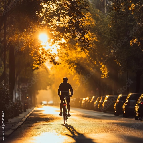 Autumnal stroll through the park, a couple cycling along the path, sunlight dappling through the trees photo