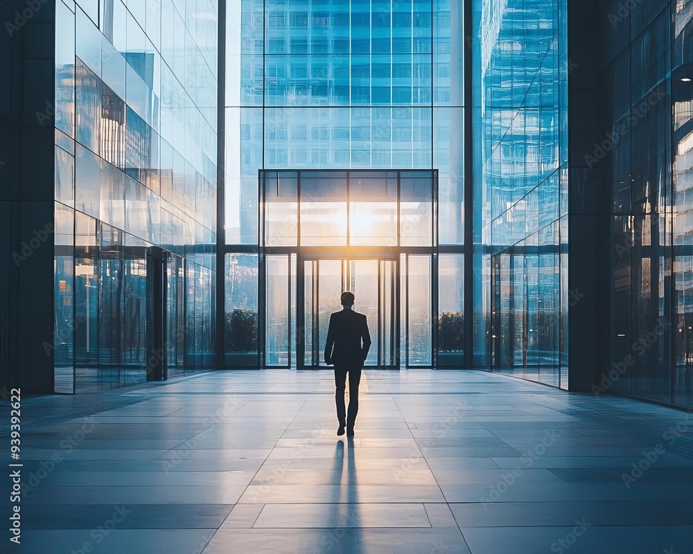 Employee striding into a modern corporate building, Monday morning, ready to tackle the day Employee striding into a modern corporate building, Monday morning, ready to tackle the day