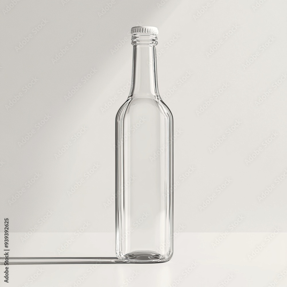 A clear glass bottle with a white cap sits on a white surface, with a shadow cast from the bottle. A clear glass bottle with a white cap sits on a white surface, with a shadow cast from the bottle.