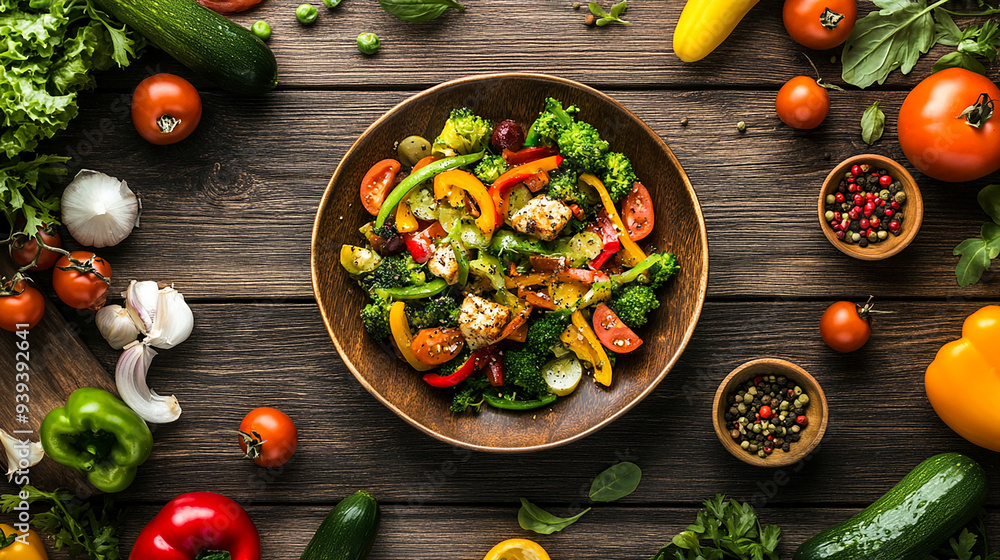 Freshly prepared healthy meal with colorful vegetables and lean protein on a dining table Freshly prepared healthy meal with colorful vegetables and lean protein on a dining table