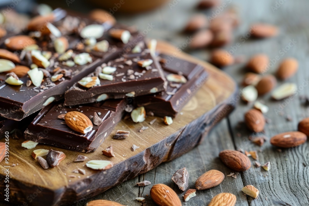 Delicious dark chocolate bar with almonds, being broken on a wooden cutting board Delicious dark chocolate bar with almonds, being broken on a wooden cutting board
