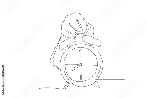 Hand holding an alarm clock. Alarm clocks concept one-line drawing